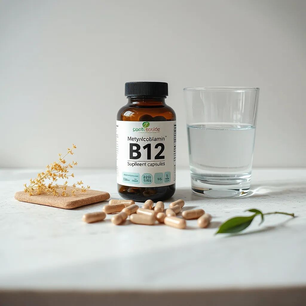 Bottle of methylcobalamin B12 capsules beside a few tablets and a glass of water on a clean countertop