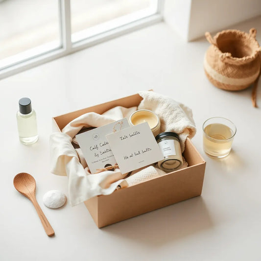 Open self-care gift box with candle, face mask, bath salts, and soft accessories on a neutral table