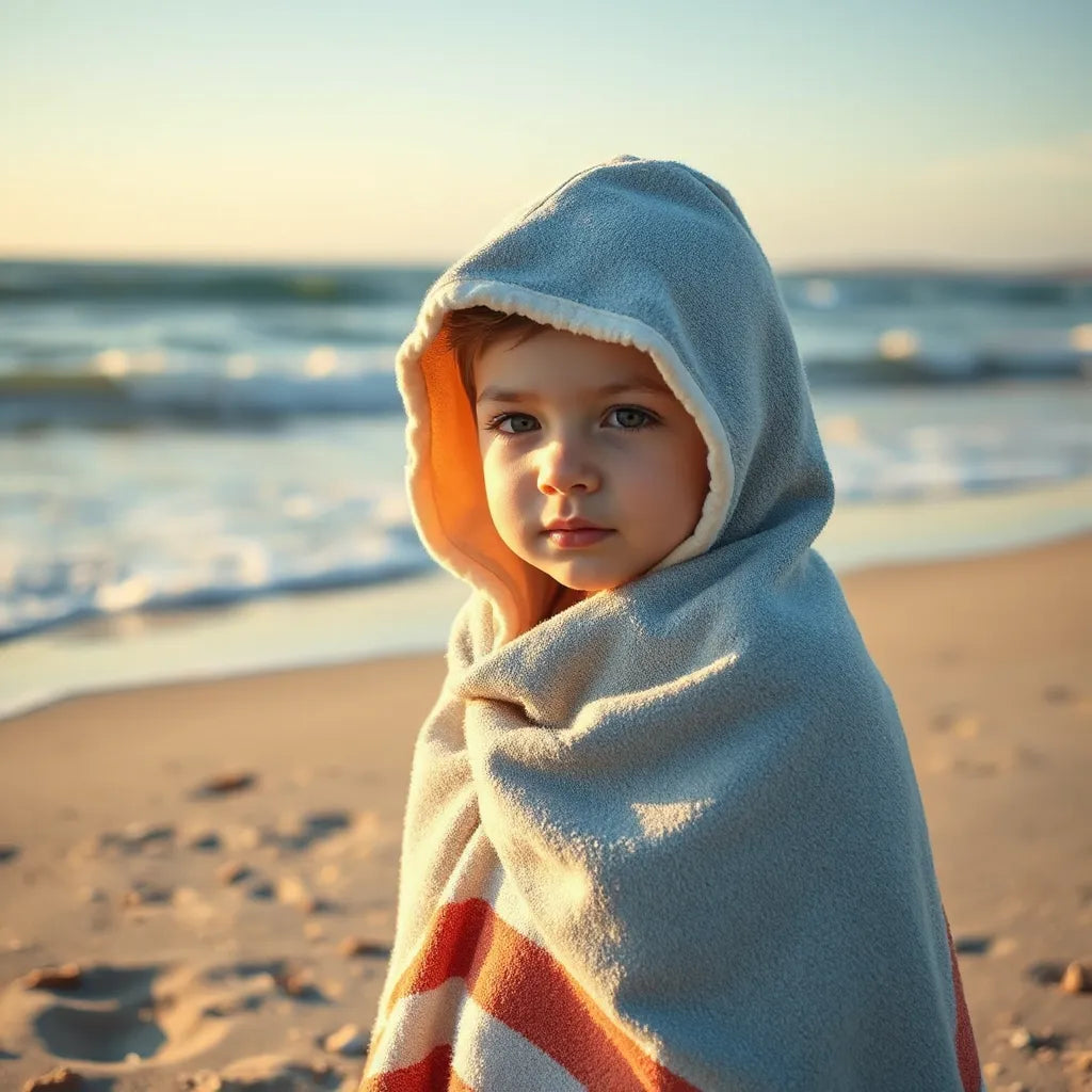 Child wrapped in a hooded beach towel near the shoreline, with ocean waves in the background