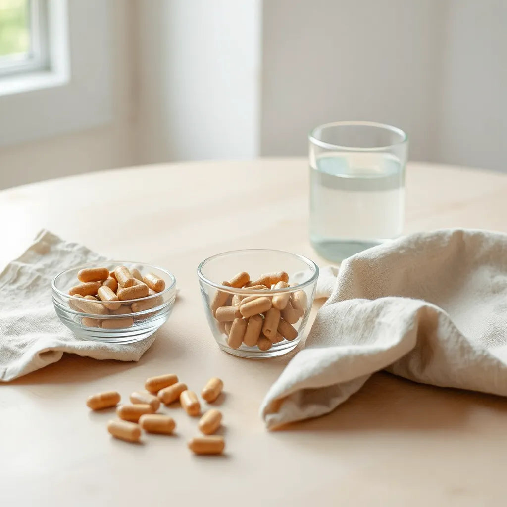 L-theanine capsules in a small glass bowl with water and a linen cloth on a light wood table