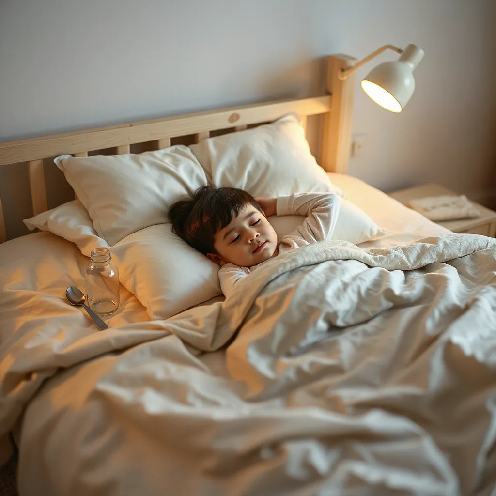 Child resting in bed with warm night lighting and a calm bedtime supplement bottle on the nightstand