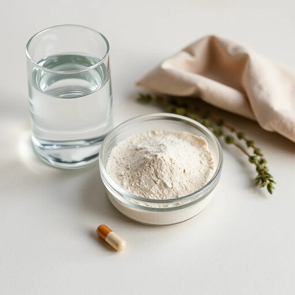Capsule and powder of magnesium supplement next to a glass of water on a clean neutral background