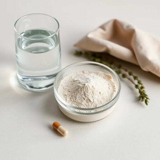 Capsule and powder of magnesium supplement next to a glass of water on a clean neutral background