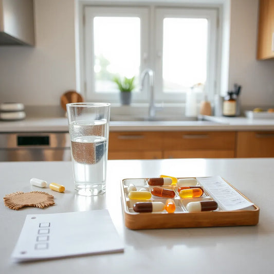 A neatly organized daily supplement tray beside a glass of water on a bright kitchen counter
