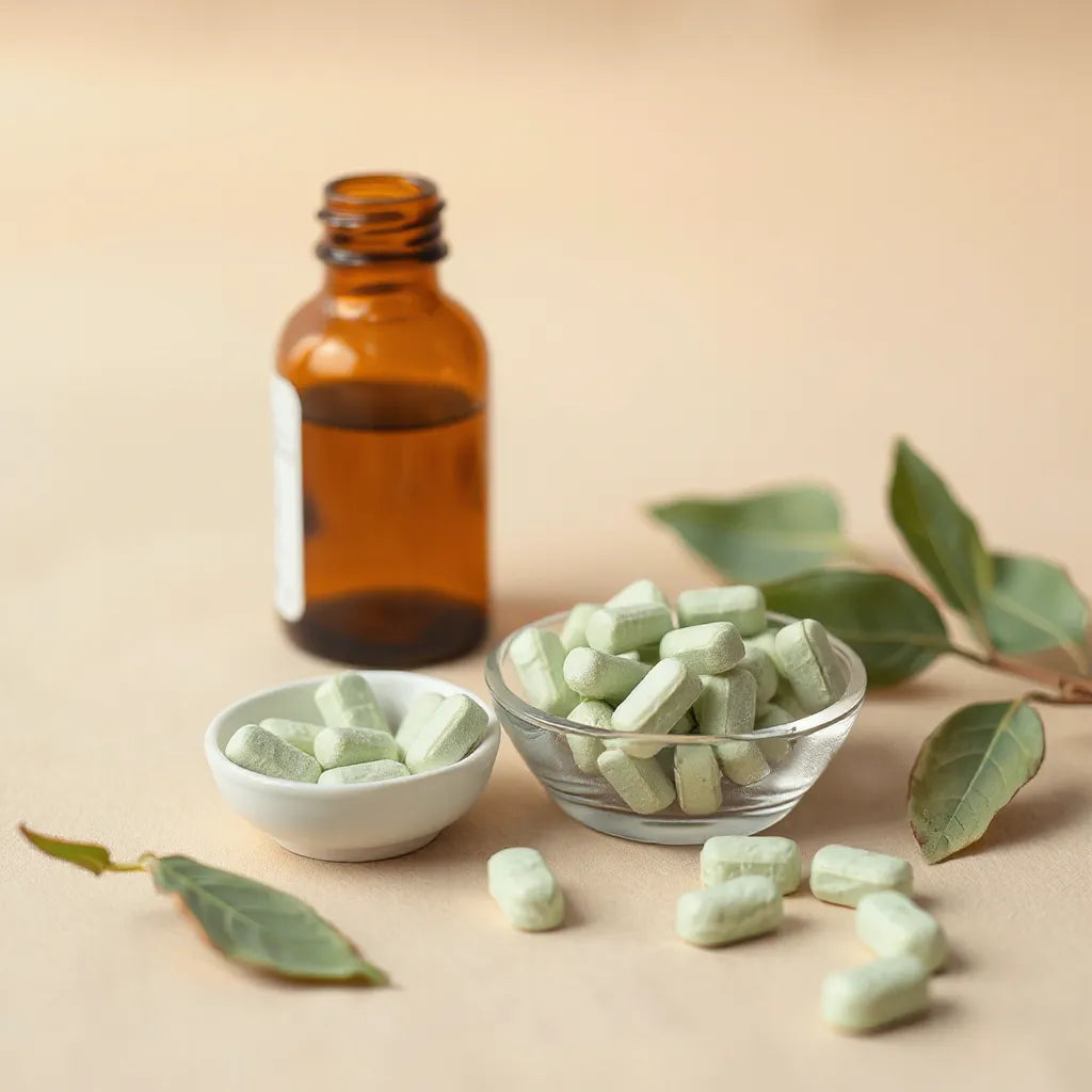 Pale green chewable L-theanine tablets in a glass dish with a blurred bottle and calm wellness background