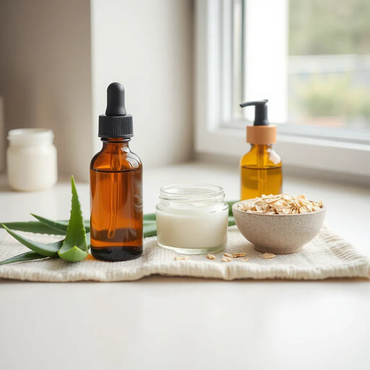 Organic skincare bottles and cream jar with aloe leaves on a clean countertop