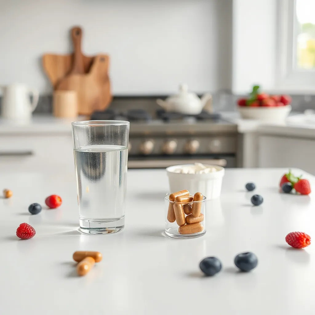 Woman-focused probiotic setup with water, capsules, and fresh yogurt and berries on a clean kitchen counter