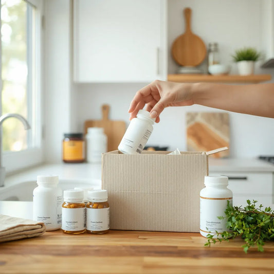 Neatly arranged supplement containers and a delivery box on a kitchen counter with soft natural light