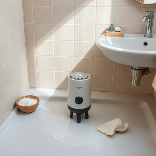 Shower steamer dissolving with gentle steam in a bright bathroom with sea salt and a seashell nearby