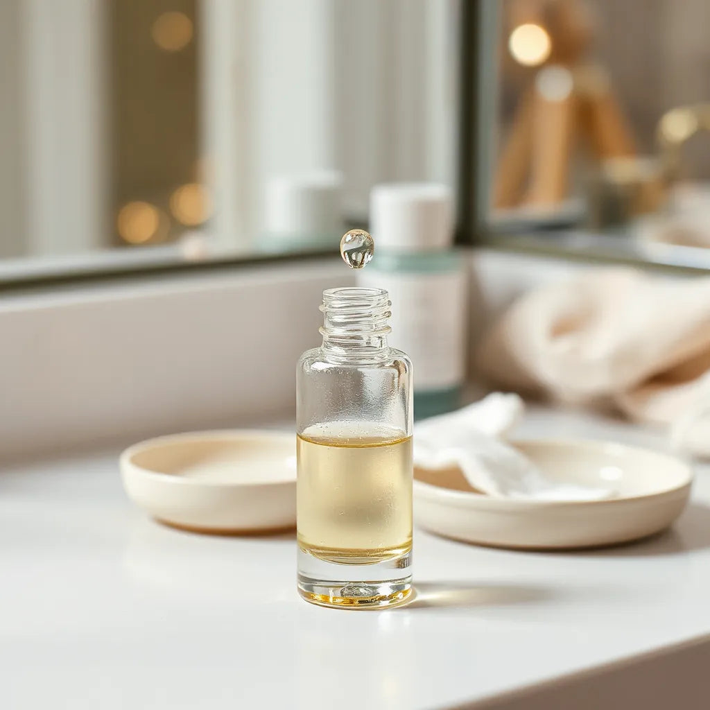Glass dropper bottle releasing a serum drop onto a fingertip with minimal skincare items nearby