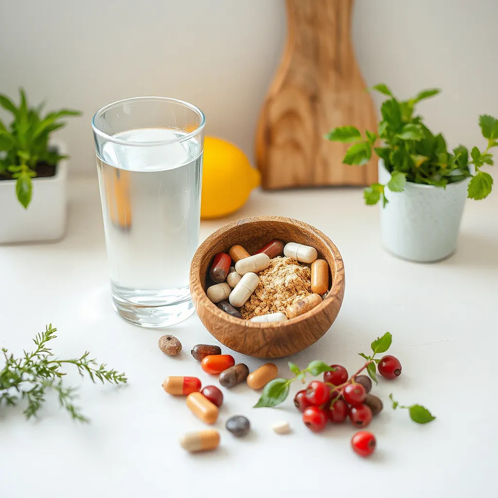 Supplements with water and fresh herbs on a clean kitchen counter in soft morning light