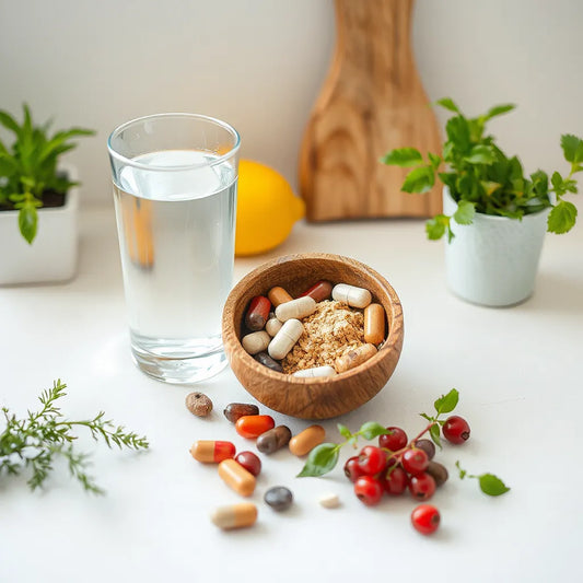 Supplements with water and fresh herbs on a clean kitchen counter in soft morning light