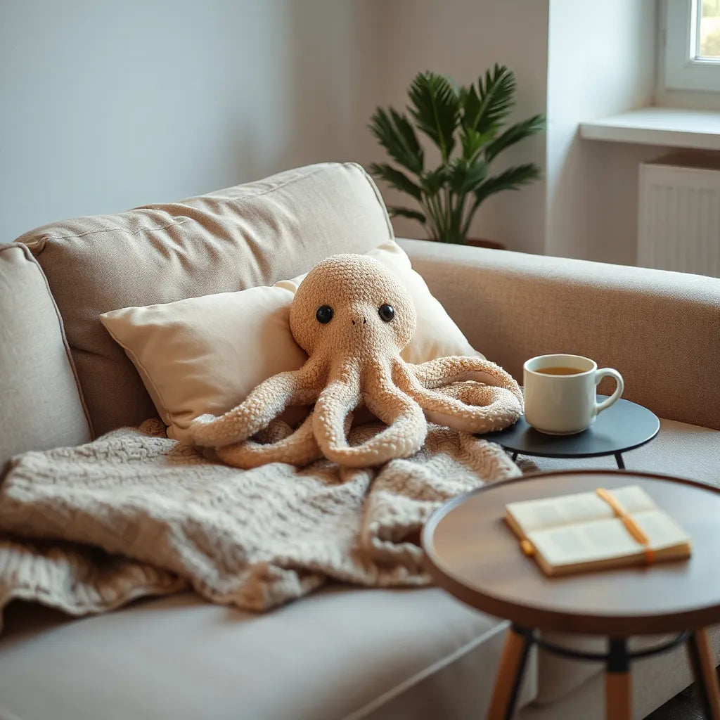 Plush octopus warmie on a sofa cushion with warm lighting and tea for a relaxing evening