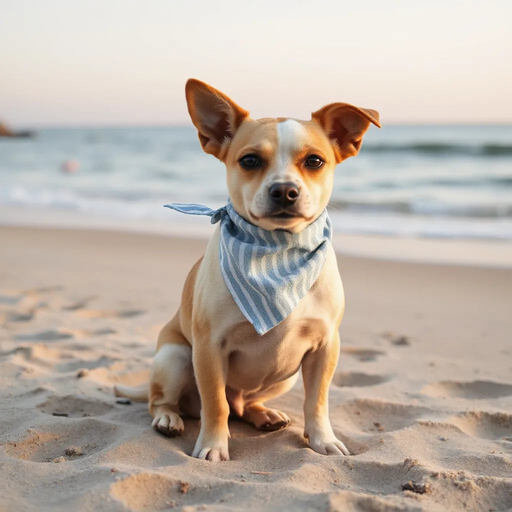 Small dog wearing a seaside bandana while sitting on the beach near the shoreline