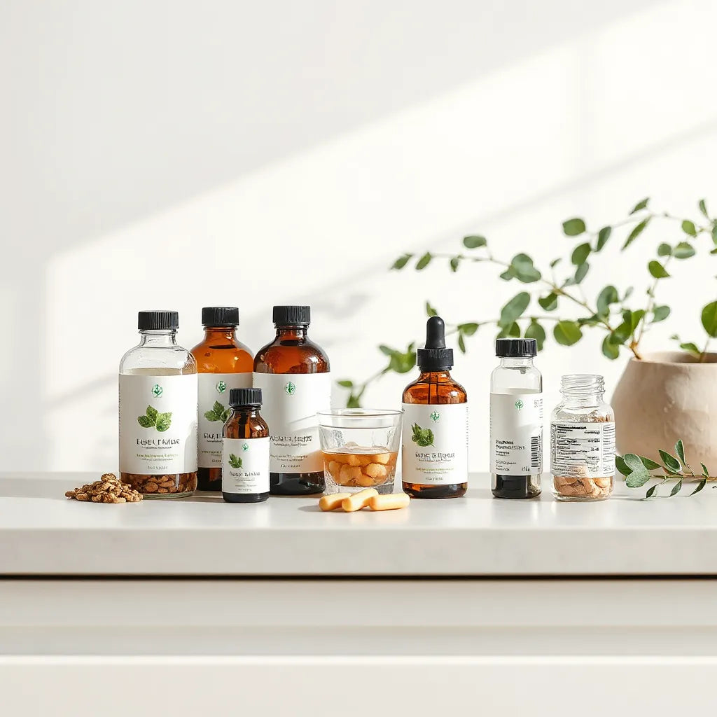 Minimal countertop scene with supplement bottles, a glass of water, and soft greenery in natural light