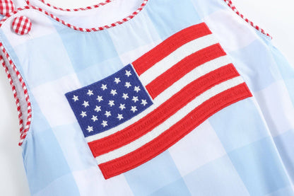 Light Blue Gingham USA American Flag Romper